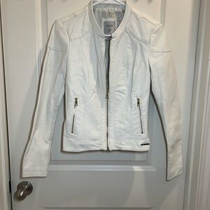GUESS White Faux Leather Moto Jacket with Gold Hardware